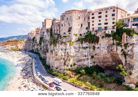 Tropea, Calabria, Italy - September 07, 2019: Rotonda Beach Full Of People. Amazing Italian Beaches.