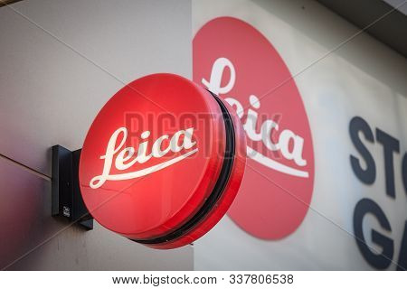 Vienna, Austria - November 6, 2019: Leica Logo In Front Of Their Retailer On A Shop In Vienna. Leica