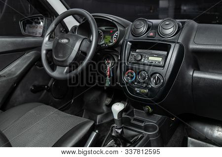 Novosibirsk, Russia - October 23, 2019:  Lada Granta, Car Interior - Steering Wheel, Shift Lever, Mu