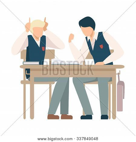 Two Boys Sitting At School Desk And Talking Vector Illustration