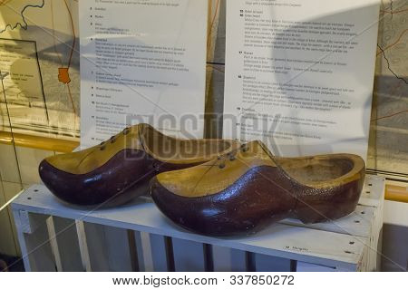 Zaanse Schans, Netherlands - 5th June, 2019: Traditional Dutch Hand Made Wooden Farmers Shoes. Pair 