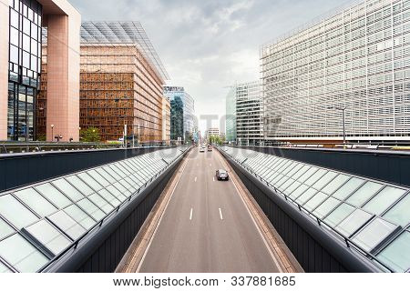 Panoramic View Of Lua Street And The Modern Office Quarter In Brussels Near European Commission Head