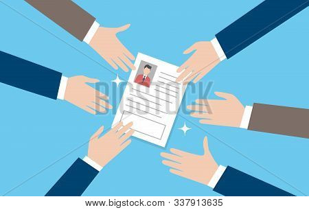 Businessimage,resume,image Of Finding Employment,vector Illustration,blue Background,many Hands