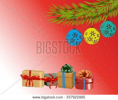Vector Christmas Tree Branch With Balls On Colorful Background