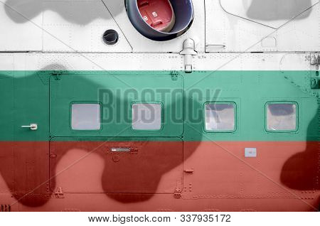 Bulgaria Flag Depicted On Side Part Of Military Armored Helicopter Closeup. Army Forces Aircraft Con