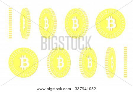 Bitcoin, Internet Currency Rotating Coins Set, Animation Ready. Yellow Btc Gold Coins Rotation. Cryp