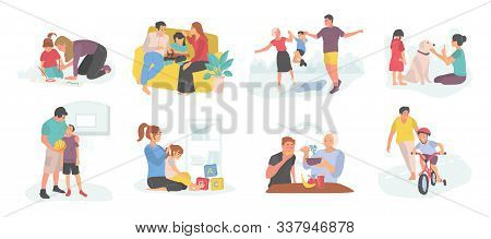 Family Spending Time With Child Vector, Mother And Father With Kid Teaching How To Ride Bicycle And 