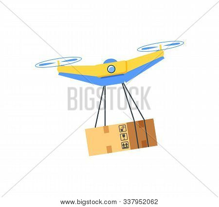 Flying Drone With Cardboard Package, Flat Design Style Of Modern Equipment With Hanging Box, Cargo W