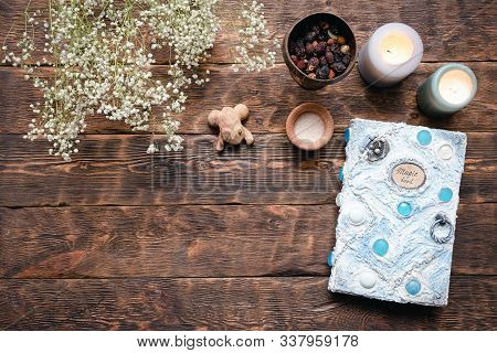 Witch Doctor Or Shaman Table Flat Lay Background. Magic Book On The Witch Desk.