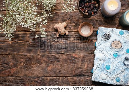 Witch Doctor Or Shaman Table Flat Lay Background. Magic Book On The Witch Desk.