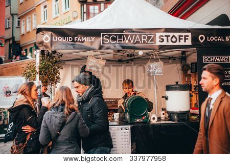 Tübingen, Germany - December 6, 2019: Chocolate Market Chocolart With Christmas Booths And Stalls Wi