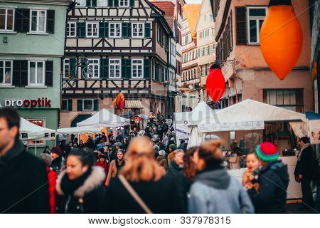 Tübingen, Germany - December 6, 2019: Chocolate Market Chocolart With Christmas Booths And Stalls Wi