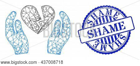 Vector Net Mesh Broken Heart Care Palms Framework, And Shame Blue Round Rubber Stamp. Crossed Frame 
