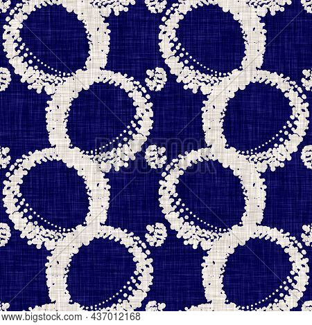 Seamless Indigo Circle Texture. Blue Woven Boro Cotton Dyed Effect Background. Japan Repeat Batik Re