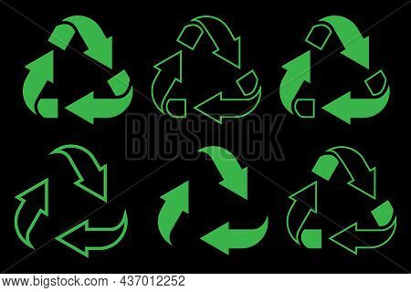 Recycle Arrows Set. Black Background. Green Triangular Symbols. Eco Logo. Save Nature. Vector Illust