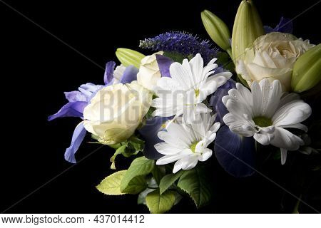 Funeral Bouquet Purple White Flowers, Sympathy And Condolence Concept On Blackbackground With Copy S