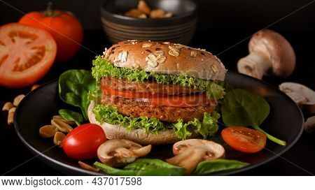 Plant Based Burger With Vegan Cutlet And Organic Ingredients. Healthy Food