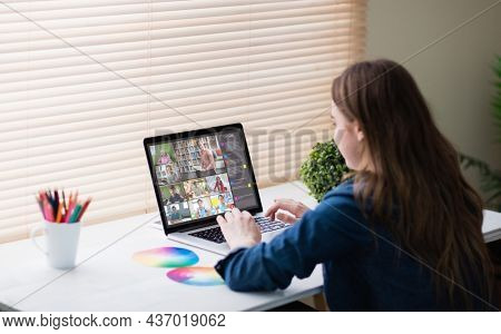 Caucasian woman using laptop for video call, with diverse elementary school pupils on screen. communication technology and online education, digital composite image.