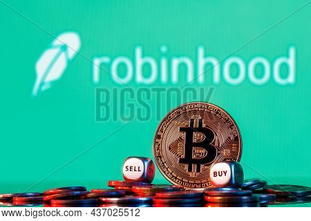 Kazan, Russia - Oct 19, 2021: Robinhood Markets Is An American Broker-dealer Company. Golden Bitcoin