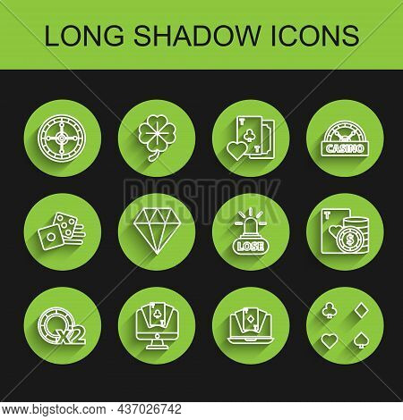 Set Line Casino Chips, Online Poker Table Game, Roulette Wheel, Playing Cards, Diamond, And Playing 