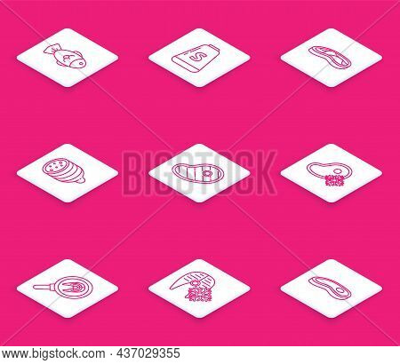 Set Line Fish, Salt, Steak Meat, Salami Sausage, Fresh Frozen Steak, In Frying Pan And Fish Icon. Ve