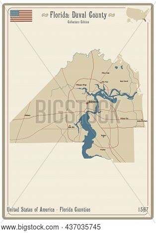 Map On An Old Playing Card Of Duval County In Florida, Usa.