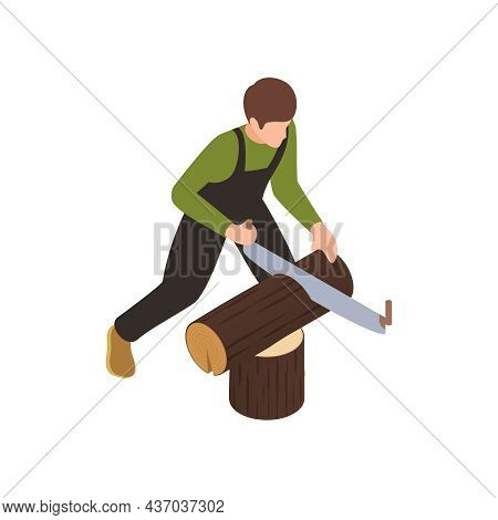 Sawmill Timber Mill Lumberjack Isometric Composition With Male Character Cutting Wood With Saw Vecto