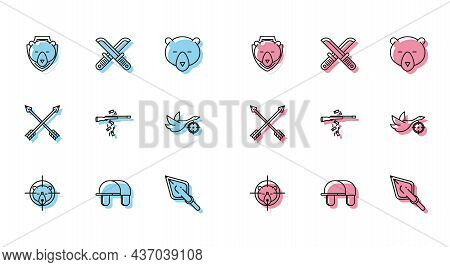 Set Line Hunt On Bear With Crosshairs, Hunter Hat, Bear Head Shield, Hipster Arrow Tip, Gun Shooting