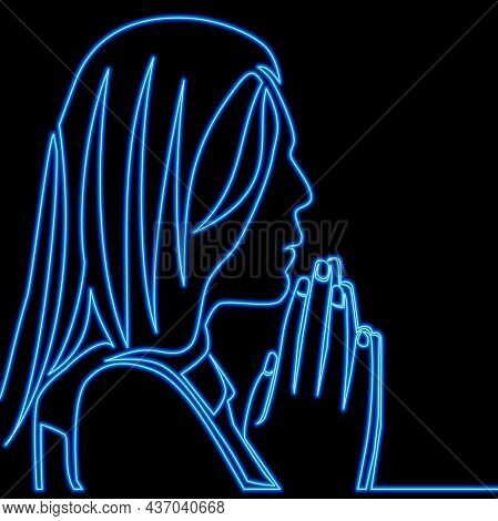 Continuous One Single Line Drawing Christian Prayer Hands Folded In Prayer Icon Neon Glow Vector Ill