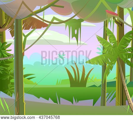 Jungle Vector. Dense Thickets. Morning Sunrise Dawn Or Evening Sunset. View From Tropical Forest Pan