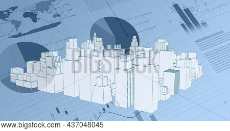 Digital image of white 3D blueprint model of a city rotating in the foreground. The background has graphs and statistics moving across towards the left