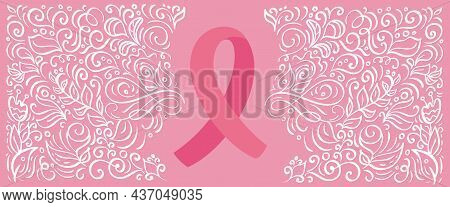 Stylized Pink Vector Banner Ribbon Of Breast Canser For October Is Cancer Awareness Month. Calligrap