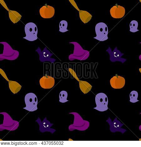 Seamless Pattern With Fun Elementl. Flat Image. Halloween Decor. Wrapping Paper.
