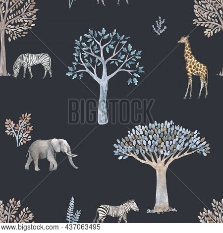 Beautiful Vector Seamless Pattern With Hand Drawn Watercolor Cute Trees And Safari Elephant Giraffe 