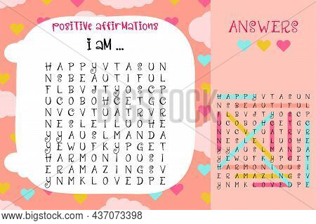 Positive Affirmations Word Search Puzzle. Activity Game Page To Attract An Audience On Social Networ