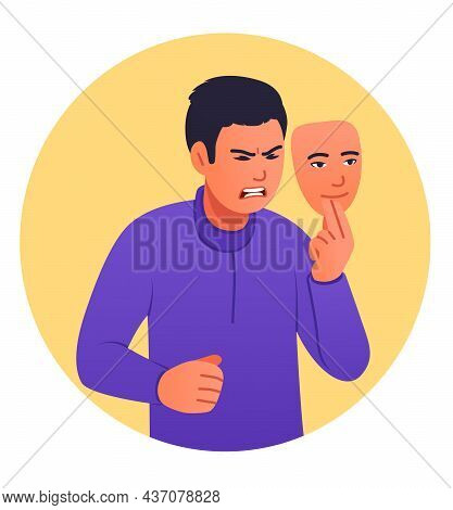 Man Hides Real Emotions Behind Mask. Angry Irritated Character With Fake Positive Emotions And Feeli