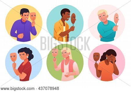 Set Of People Hiding Faces Behind Social Masks With Fake Positive Emotions. Evil Men And Women Lie A
