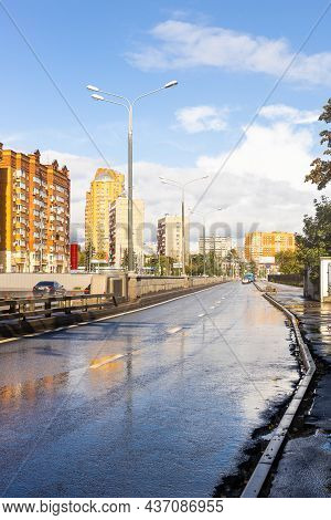 Moscow, Russia - September 4, 2021: View Of Wet Roadway Of Bolshaya Akademicheskaya Street In Koptev