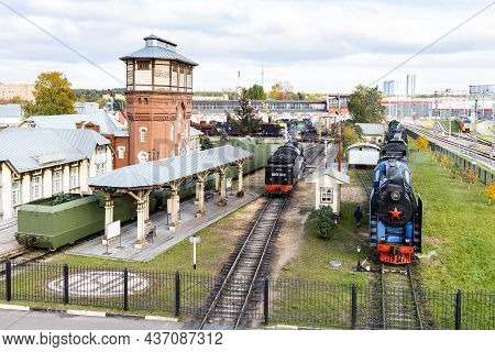 Moscow, Russia - September 29, 2021: Above View Of House, Water Tower And Trains Of Railways In Muse