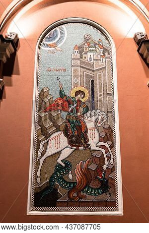 Moscow, Russia - August 31, 2021: Outdoors Mosaic Saint George Kills The Snake On Wall Of Church Of 