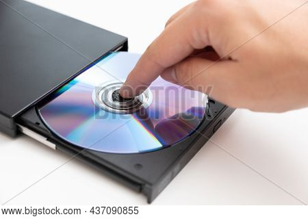 External Dvd Drive Reader, Man Putting Disc. Data Security, Digital Data Storage