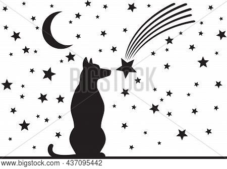 Dog, Moon And Stars Silhouette Vector Icon