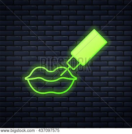 Glowing Neon Lip Augmentation Icon Isolated On Brick Wall Background. Hyaluronic Acid Lips Injection