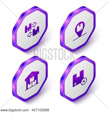 Set Isometric Cardboard Box With Traffic Symbol, Location Cardboard, Full Warehouse And Carton Icon.
