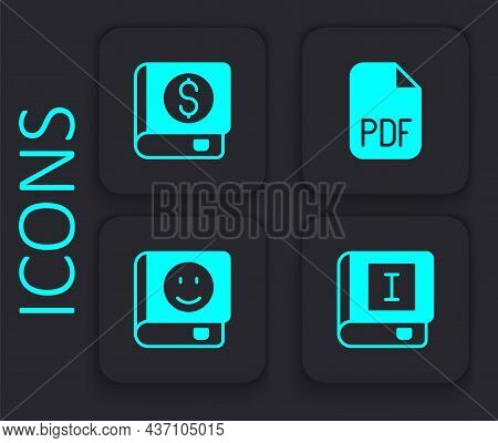 Set Book, Financial Book, Pdf File Document And Icon. Black Square Button. Vector