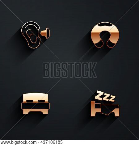 Set Earplugs And Ear, Travel Neck Pillow, Big Bed And Time To Sleep Icon With Long Shadow. Vector
