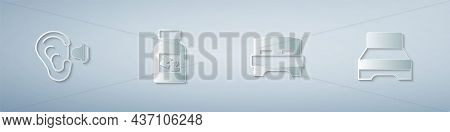 Set Earplugs And Ear, Sleeping Pill, Big Bed And . Paper Art Style. Vector