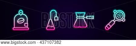 Set Line Bag Of Coffee Beans, Tea Bag, Coffee Turk And Filter Holder. Glowing Neon Icon. Vector