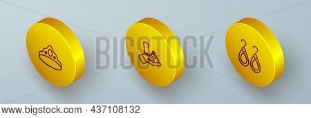 Set Isometric Line King Crown, Diamond Engagement Ring Box And Earrings Icon. Vector