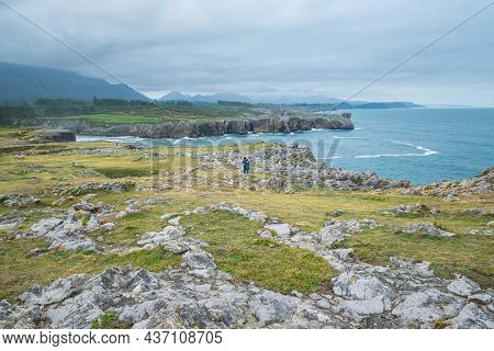 Cantabrian Coast At Famous Bufones De Pria On A Misty Autumn Day. Moody Coastal Landscape In Asturia